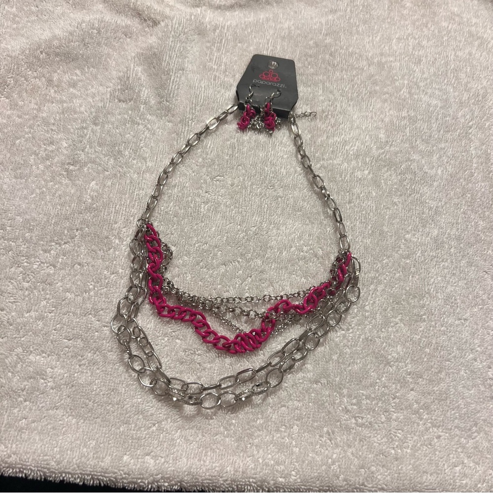New Paparazzi Silver & Hot Pink Multi-Chain Necklace with Matching Earrings